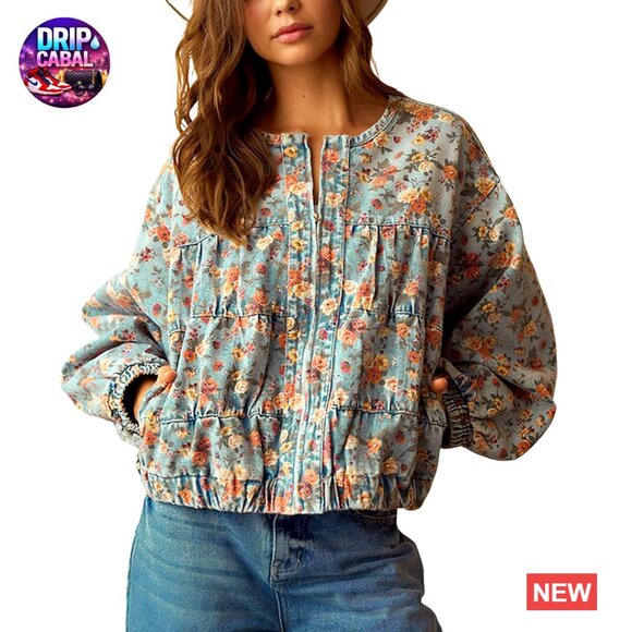 Oversized Denim Bomber Jacket Floral Y2K Casual Boyfriend Fit Spring Fall